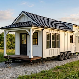 Peut inclure: Une petite maison blanche sur roues avec un bardage vertical, un toit en métal noir et un porche couvert. La structure présente des fenêtres à cadre noir, une porte d'entrée noire et une échelle en métal fixée sur le côté, le tout sur une remorque.