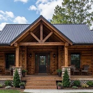 May include: A single-storey log cabin with a dark metal roof and a wide front porch. The exterior features horizontal brown logs, stone pillar bases, a central wooden gable, and a dark front door flanked by windows and wooden rocking chairs.