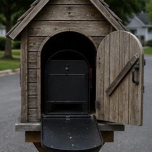 May include: A wooden mailbox enclosure with a peaked roof and a weathered brown finish. The structure features an arched opening with a hinged wooden door on the right side, revealing a black metal mailbox with an open front flap inside.