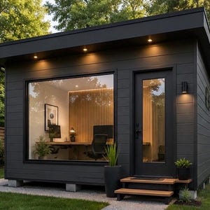 May include: A detached backyard office structure with dark charcoal horizontal siding, a flat roof, and a large glass window. The interior features a wooden slat wall, a desk, a computer monitor, and an office chair. A glass door with wooden steps.