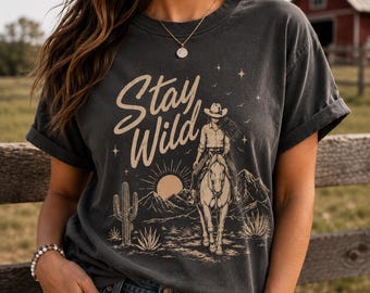 Comfort Colors® Stay Wild Western Shirt, Cowgirl Desert Graphic Tee, Boho Cactus Country Shirt, Rodeo Aesthetic Gift, Trendy Vintage Cowboy