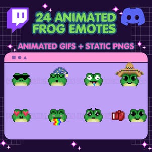 Puede incluir: Gráfico digital con 24 emotes de rana animadas. Las ranas verdes pixeladas muestran diversas expresiones y accesorios. El texto dice "24 Animated Frog Emotes" y "Animated GIFs + Static PNGs". Incluye logotipos de Twitch y Discord.