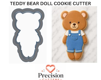 Teddy Bear Doll Cookie Cutter, Baby Shower, Overalls, 4 Inch
