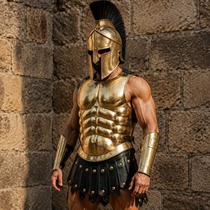 Op de afbeelding: Een goudkleurige helm in Spartaanse stijl met een zwarte kam, een bijpassend metalen borstpantser met buikspierdetails, gouden armbeschermers, gouden scheenbeschermers en een zwarte leren kilt met gouden studs, gedragen met bruine leren sandalen.