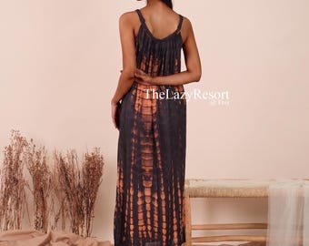 Black Rust Tie Dye Maxi Dress, Boho Rayon Summer Slip Dress