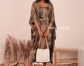 Komplet kimonowy w kolorze oliwkowym, boho-wiskozowy kaftan wypoczynkowy, letni kaftan wypoczynkowy
