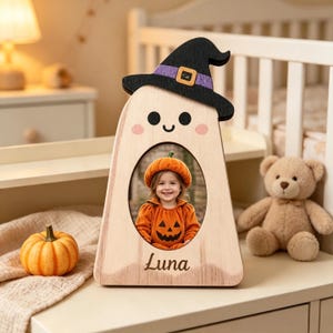 Personlig Halloween-fotoram, träspöke eller pumpa, anpassat namn för barn, anpassat höstminnesmärke för foto, Halloween-present