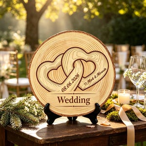 May include: A circular wooden slice plaque featuring two interlocking heart engravings, the names Mark & Miranda, the date 08.06.2026, and the word Wedding. The plaque is displayed on a black plastic stand with visible wood grain texture.