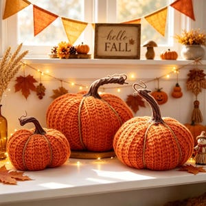May include: Three orange crocheted pumpkins with brown stems and twine accents sit on a white surface. A wooden sign with the text "hello FALL" is in the background, accompanied by orange bunting, string lights, and autumn-themed decorations.