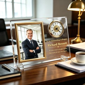 May include: A clear acrylic desk plaque featuring a gold-framed photo of a person in a suit, an integrated gold-rimmed analogue clock, and engraved text reading: To An Outstanding Colleague, Richard Bennett, All efforts lead to brighter future.