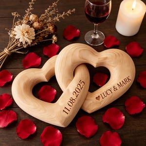 Puede incluir: Dos corazones de madera de color claro entrelazados con texto grabado. Un corazón muestra la fecha 11.08.2025, mientras que el otro corazón tiene grabado el texto LUCY & MARK y un pequeño símbolo de corazón. La veta de la madera es visible.