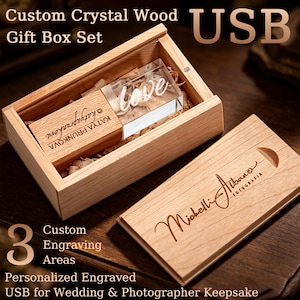 Memoria USB personalizada de madera y cristal con caja de madera grabada, set de regalo USB personalizado para fotógrafo, recuerdo USB de boda