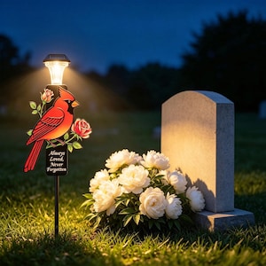 May include: A solar-powered garden stake featuring a red cardinal bird perched on a branch with pink roses and the text Always Loved, Never Forgotten. The stake emits a warm light, positioned next to a bouquet of white flowers and a stone headstone.