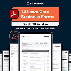 Lot de formulaires d'entretien de la pelouse | Facture d'aménagement paysager, devis et contrat de service | Modèles PDF imprimables à remplir pour les entrepreneurs
