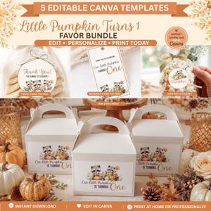 Set di bomboniere a tema zucca / Etichette di ringraziamento e etichette per scatole a forma di casetta modificabili in Canva / Modelli per bomboniere per la festa del primo compleanno a tema zucca