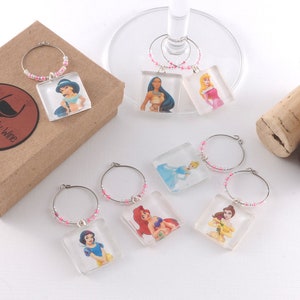 90s era Princess Wine Charms - (Set of 7) : Cinderella, Ariel, Snow White, Jasmine, Aurora, Belle, Pocahontas, Nostalgia Gifts, 1990s