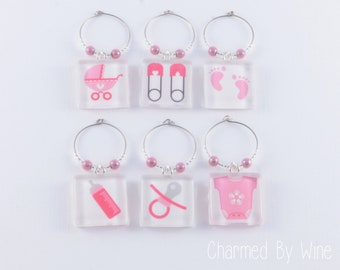New Baby Charms in PINK (Set of 6) - Gender Reveal Party, Baby Shower Idea, New Baby Gift