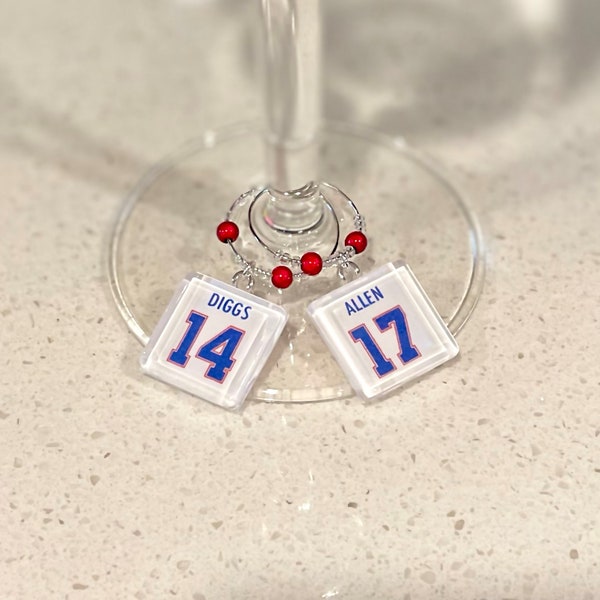 Bills Player Wine Charms, Buffalo Bills Fan Gift; Allen, Diggs, Hamlin, Custom Player