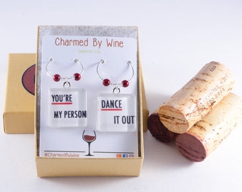 Greys Anatomy Wine Charm Pair, Grey's Anatomy Fan Gift, Dance It Out, You're My Person, Wine Lover Gift