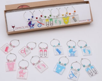 Novos amuletos de vinho para bebês (conjunto de 6) – Festa de revelação de gênero, ideia de chá de bebê, novo presente de bebê, é uma menina, é um menino, é um bebê!
