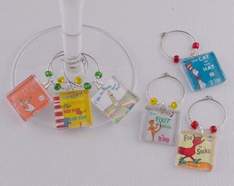 Dr Seuss Wine Charms (Set of 6): Cat in the Hat, Green Eggs and Ham, Oh The Places You'll Go, Fox In Socks, 1 Fish 2 Fish, The Foot Book