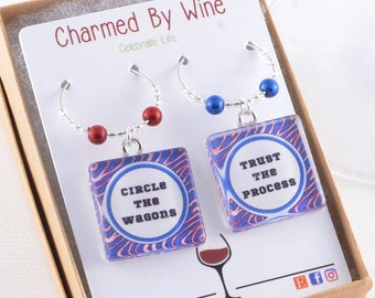 Bills Wine Charms, Buffalo Bills Fan Gift; Circle the Wagons, Trust the Process, Zubaz print