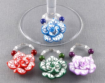 Flower Wine Charms (Set of 4) - Bridesmaid Gift, Bridal Shower Favor, Mother's Day Gift