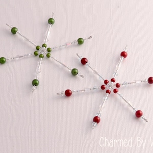 Beaded Snowflake Ornament (Red and Green) - Christmas Tree Ornaments, Beaded Snowflakes, Christmas Gift