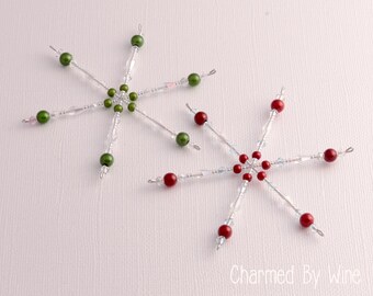 Beaded Snowflake Ornament (Red and Green) - Christmas Tree Ornaments, Beaded Snowflakes, Christmas Gift