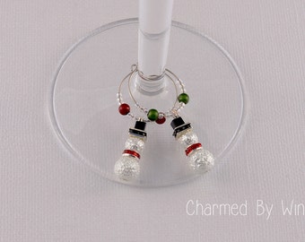 Pair of Snowman Charms - Set of Holiday Wine Charms, Christmas Gifts, Holiday Decor