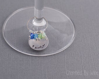 Family Wine Charm - Hand Stamped wine charms with swarovski birthstones. Mother's Day, New Mom Gift, Grandma Gift