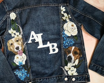 Custom Hand Painted Floral Pet Portrait Wedding Jacket, Personalised Dog Painting Jacket, Bridal Bespoke Denim Or Leather Jacket Monogram.