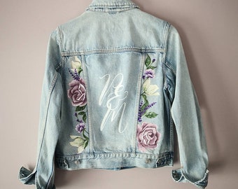 Hand Painted Rose or Custom Design Wedding Jacket, Painted Denim Bridal Jacket, Mrs, Personalised Bespoke Denim or Leather Mrs Jacket