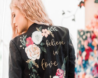 Hand Painted Design Faux Leather Jacket, Custom Painted Leather Bridal Jacket, Floral Wedding jacket, Bespoke Leather, denim Calligraphy, UK