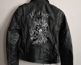 Floral Skull Til Death Jacket DIY Kit, Bridal Jacket Painting, Denim or Leather Custom Jacket DIY Painting Kit. Paint Your Wedding Jacket