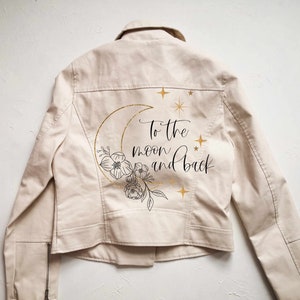 Kit de bricolage de veste en cuir peint céleste, veste de mariée, kit de peinture en cuir. Peignez votre veste de mariage, To the Moon et Back Jacket Gold