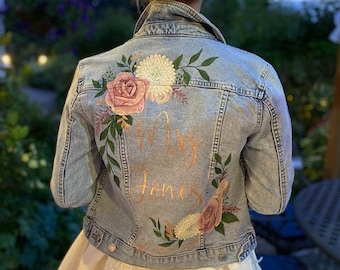 Hand Painted Custom Design Wedding Jacket, Painted Denim Bridal Jacket, Mrs, Bridal Personalised Name Denim or Leather Jacket, UK