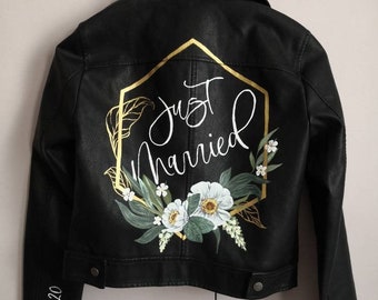 Hand Painted Wedding Jacket, Bridal Jacket, Bespoke Gift for Bride, Custom Wedding Gift, Just Married Jacket Painting, Personalised Gift