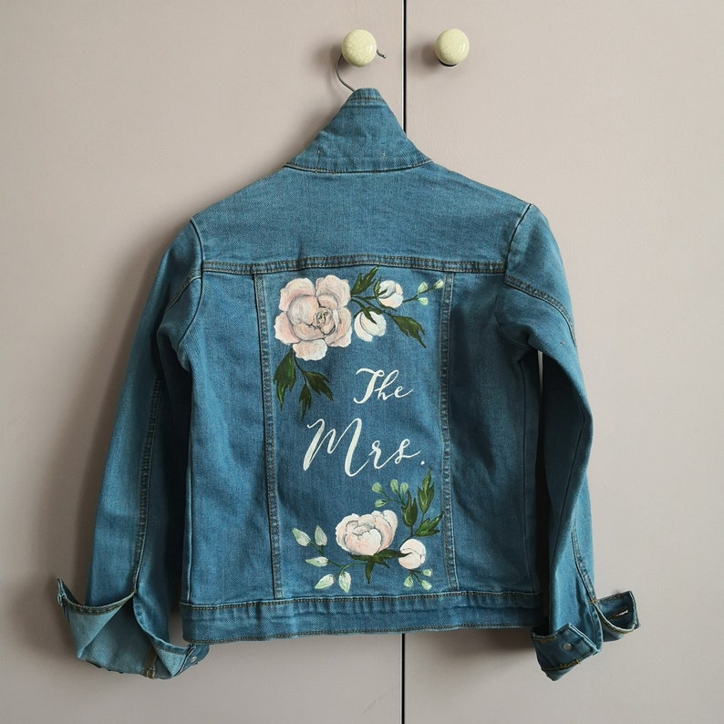 Bridal Bespoke Denim Leather Jacket Calligraphy UK Hand Painted Custom Ivory Floral Design Wedding Jacket Mrs Painted Denim Bridal Jacket
