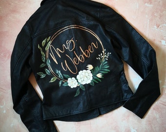 Bridal Custom Jacket, Wedding Jacket Painting, Personalized Jackets for Wedding, Gift for Bride, Painted Bridal Leather Jacket