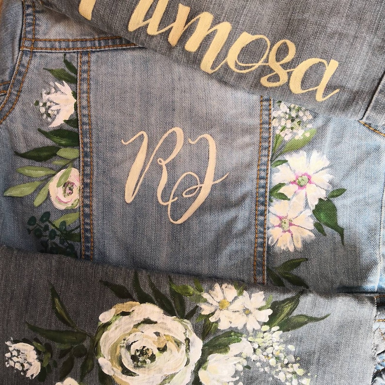 Bridal Bespoke Denim Leather Jacket Calligraphy Hand Painted Pink Rose Wedding Jacket Painted Denim Bridal Jacket UK Monogram