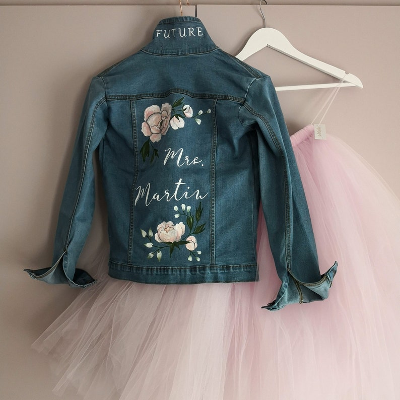 Bridal Bespoke Denim Leather Jacket Calligraphy UK Hand Painted Custom Ivory Floral Design Wedding Jacket Mrs Painted Denim Bridal Jacket
