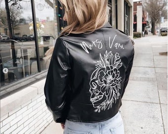 Floral Skull Til Death or Custom Name Jacket DIY Kit, Bridal Jacket, Denim or Leather Custom Jacket Painting Kit. Paint Your Wedding Jacket