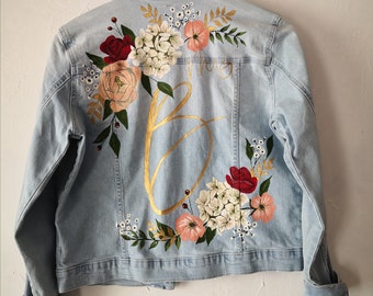 Gift For Bride, Personalised Denim Jacket Painting, Custom Painted Bridal Denim Jacket, Personalised Fall Wedding Jacket, Custom Bridal Gift