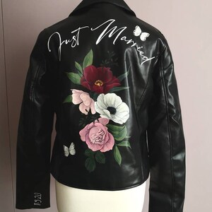 Personalised Hand Painted Design Just Married Leather Jacket, Leather Bridal Jacket, Wedding, Floral Wedding jacket, Custom Lettering, UK image 6