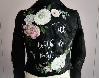 Personalised Painted Leather Jacket, Blush Flowers Custom Bridal Jacket Painting, Wedding, Floral Wedding jacket, Till Death do us Part, UK