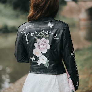 Personalised Hand Painted Design Just Married Leather Jacket, Leather Bridal Jacket, Wedding, Floral Wedding jacket, Custom Lettering, UK image 1