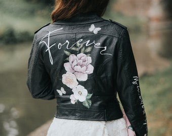 Personalised Hand Painted Design Just Married Leather Jacket, Leather Bridal Jacket, Wedding, Floral Wedding jacket, Custom Lettering, UK