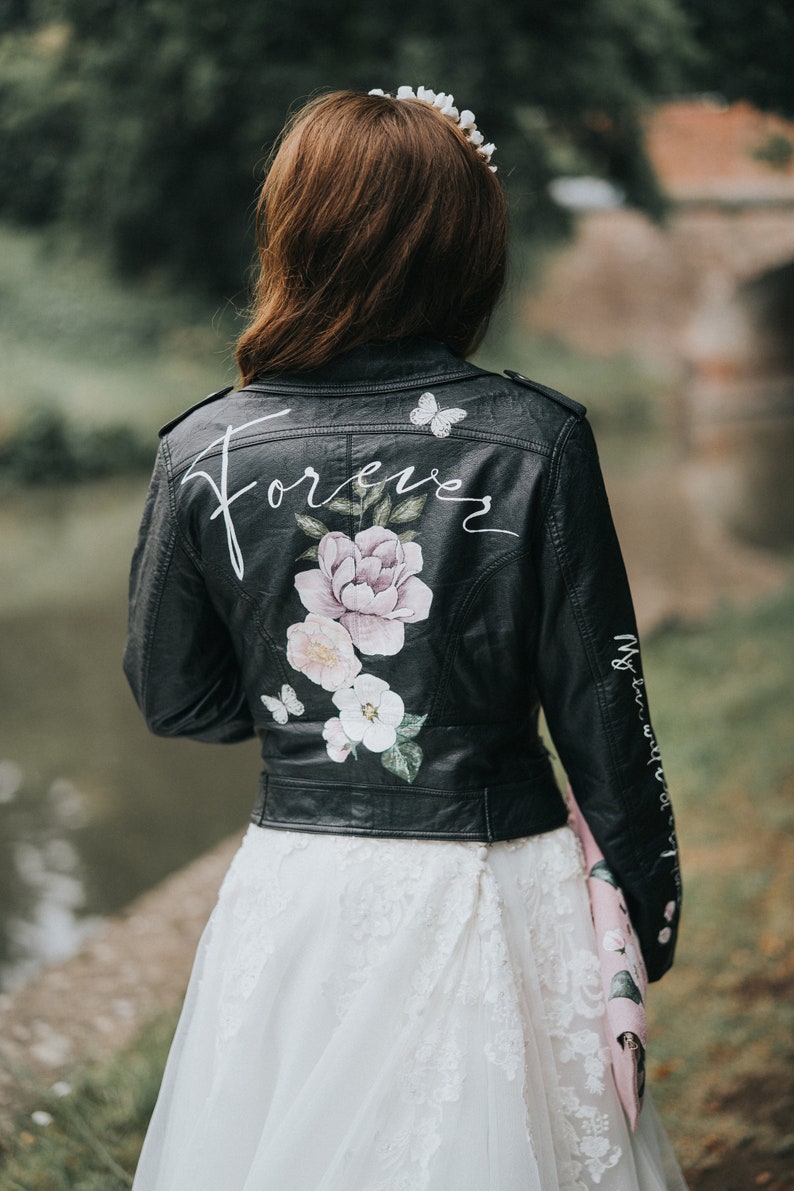 Personalised Hand Painted Design Just Married Leather Jacket, Leather Bridal Jacket, Wedding, Floral Wedding jacket, Custom Lettering, UK Edit  this design