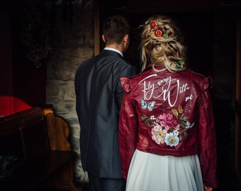 Bridal jacket Personalized Painted Leather or Denim Jacket, Custom Artwork, Painted Wedding Jacket, Gift for Bride, Custom Bridal Jacket